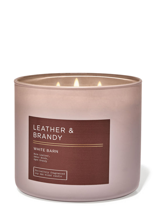 Leather &amp; Brandy 3-Wick Candle - White Barn